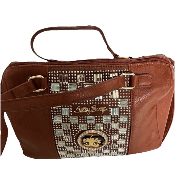 Betty Boop Rhinestone Bag Brown Double Top Handles Detachable Crossbody Strap - Picture 5 of 9